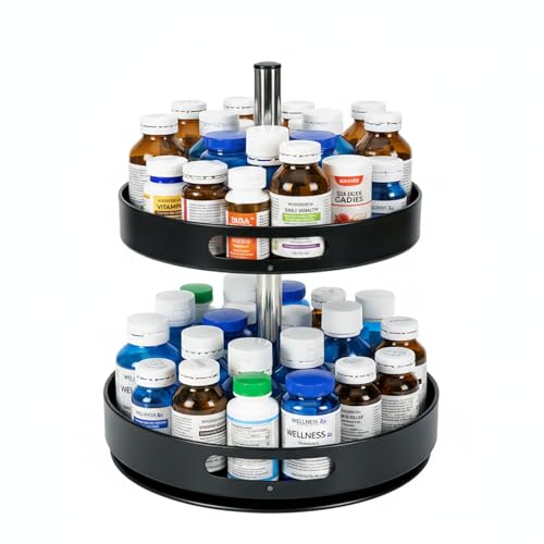 Pill Bottle Organizer,2 Tier Lazy Susan Organizer,360 Degrees Rotating Spice Rack Organizers for Cabinet,Turntable Organization and Storage for Medicine Cabinet Bottle Pantry Countertop, Black - color: Black