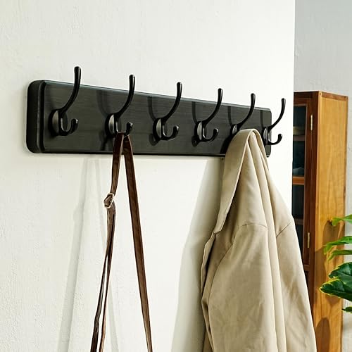Coat Rack Wall: 24" Long, Patented, Heavy-Duty, 6-Double-Hooks Wooden Wall Mounted Coat Rack Coat Hanger Hook Rail for Winter Coats Hat Jacket Clothing, Black - color: Black, size: L=24"(1pcs)