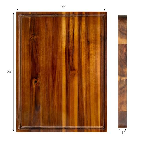 happimess Eldridge Extra Large 24" x 18" Acacia Cutting Board, Brown | Handcrafted, 1 Inch Thick, Reversible Design, Juice Grooves, Authentic Wood Grain, Rectangular, Farmhouse Style - color: Brown, size: 24"L x 18"W