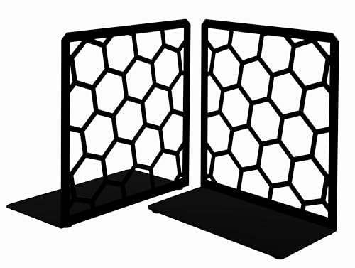 Black Geometric Honeycomb Metal Bookends - Book Ends for Shelves - Decorative Modern Heavy Duty Bookend Stopper - Book Ends for Heavy Books - Home Office Book Holder - 1 Pair, 6x3.25x6.25 in - color: Black, size: 1 Pair