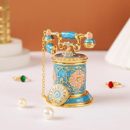 Retro Telephone Trinket Boxes Mini Enamel Jewelry Box for Women Girls Ring Pendant Storage Organizer with Hinged Lid (Blue) - color: Blue