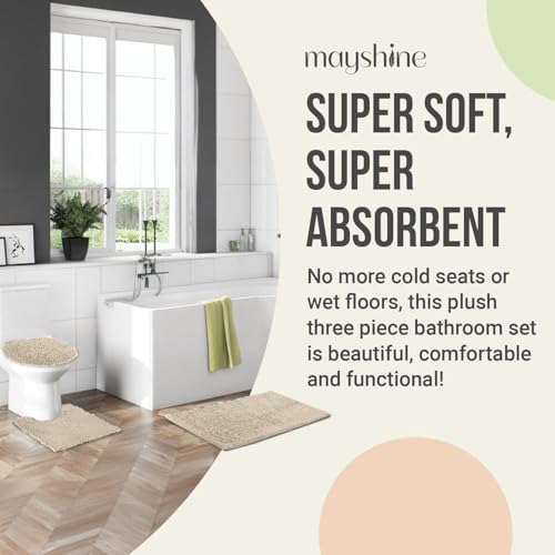 Standard 3pc Set Chenille Bath Mats, Includes 21"x24" U-Shaped Contour Toilet Rug, 21"x34" Inches Bathmat and 1 Toilet Lid Cover, Plush Absorbent Bath Mats Quick Dry, Beige - color: Beige, size: 24"x21", 34"x21" and TLC (Set)