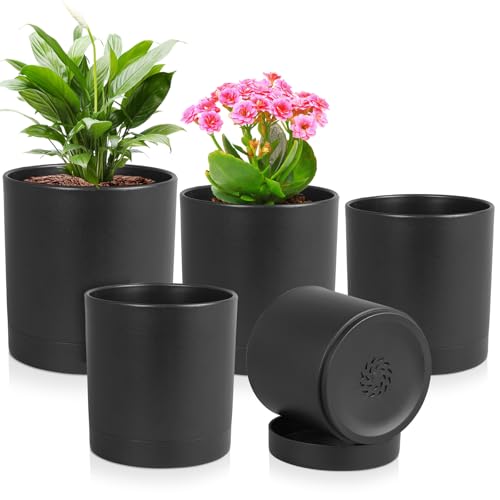 Meowell 7/6.5/6/5/4 inch Plant Pots for Small Indoor Outdoor Plants, 5 Pack Cylinder Flower Pots with Drainage Holes and Saucers, Plastic Planters for Garden Succulent House Plants, Black - color: Black, size: 7"+6.5"+6"+5"+4"