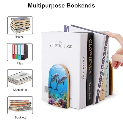 Dolphin Book Ends for Shelves - 2 Pack Handmade Wooden Bookends with Metal Base, Sturdy Book Holder for Heavy Books Modern Decorative Book Stopper for Home Office