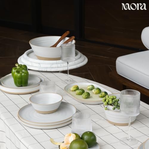 Mora Medium Dishes Set of 4, 35oz Ceramic Pottery Pasta Plate/Wide Bowls - Microwave, Oven and Dishwasher Safe - Cloud - color: Cloud