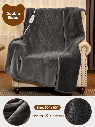 Bearhug Electric Blanket Throw Size, 50" x 60" Heated Blanket with 6 Heating Levels & 4H Auto Shut-Off, Machine Washable Soft Velvet to Sherpa Reversible Heated Throw for Office, Couch and Sofa, Gray - color: Gray-velvet & Sherpa, size: Throw 50" × 60"