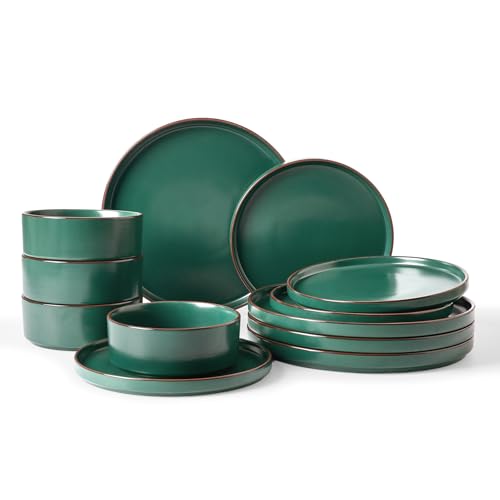 Famiware Nebula Ridge 12-Piece Stoneware Dinnerware Set, Dark Green | Plates and Bowls for 4, Warm Hand-Painted Rims, Microwave and Dishwasher Safe, Daily Essentials - color: Dark Green, size: Service for 4 (Standard Dinner Set)