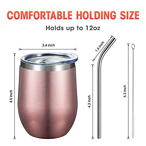 COMOOO Rose Gold Stainless Steel Wine Tumbler Bulk with Lid and Straw 12oz Double Wall Vacuum Insulated Tumbler Cup Stemless for Hot and Cold Drinks, Coffee, Wine, Cocktails Rose gold, 8 Pack - color: Rose Gold