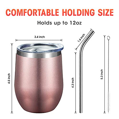 COMOOO Rose Gold Stainless Steel Wine Tumbler Bulk with Lid and Straw 12oz Double Wall Vacuum Insulated Tumbler Cup Stemless for Hot and Cold Drinks, Coffee, Wine, Cocktails Rose gold, 8 Pack - color: Rose Gold