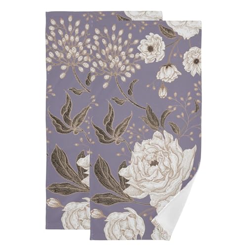 Vintage Purple White Peony Hand Towels for Bathroom Set of 2,Absorbent Brown Leaves Floral Botanical Kitchen Towels 14"x28",Decorative Retro Flower Bathroom Towels for Bath,Face,Guest,Shower - color: Purple