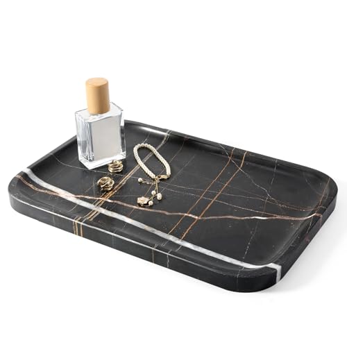 Karibiber Marble Vanity Tray, Marble Bathroom Tray Countertop, Rectangle Decorative Trays for Dresser, Black Stone Storage Serving Trays for Kitchen, Candle, Perfume, Jewelry Cathall Holder - color: Noiraziza