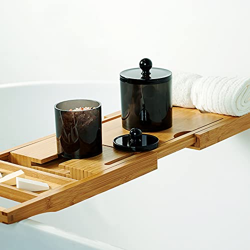 SheeChung 3 PCS Qtip Holder Bathroom Set with Tray, Acrylic Apothecary Jars | Black Qtip Dispenser with Lid and Labels, Bathroom Qtip Holder Set for Cotton Ball, Cotton Swab 1 Pack Bathroom Vanity Tray - color: Black
