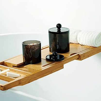 SheeChung 3 PCS Qtip Holder Bathroom Set with Tray, Acrylic Apothecary Jars | Black Qtip Dispenser with Lid and Labels, Bathroom Qtip Holder Set for Cotton Ball, Cotton Swab 1 Pack Bathroom Vanity Tray - color: Black