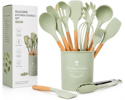 Caboh Silicone Kitchen Utensil Set 12 PCS – Heat Resistant Cooking Tools with Spatula, Serving Spoon, Tongs, Whisk & Holder, Nonstick Safe BPA-Free Kitchen Accessories Set (Light Green) - color: Light Green