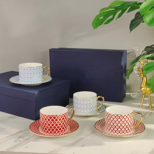 Coffee Cup and Saucer Set – Elegant Royal Blue Star Bone China Gold-Trimmed Tea Cup, Luxurious Metallic Accent Ceramic Cup (Red,2 Cups + 2 Saucers,Art Deco) - color: Red
