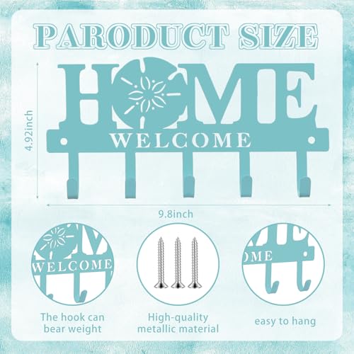Beach Key Holder Wall Mount Turquoise Blue Sand Dollar Metal Welcome Home Key Hook with 5 Hooks Coastal Blue Hanger Coat Rack Nautical Wall Decor for Entryway Bathroom Living Room 9.8 Inch - style: Starfish Beach