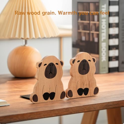 2-Pack Capybara Beech Bookends, 4.9x4.4in | Solid Wood, Natural Grain, Non-Slip Base, Ready to Use, for Shelves/Desk/Kids Room - color: Capybara