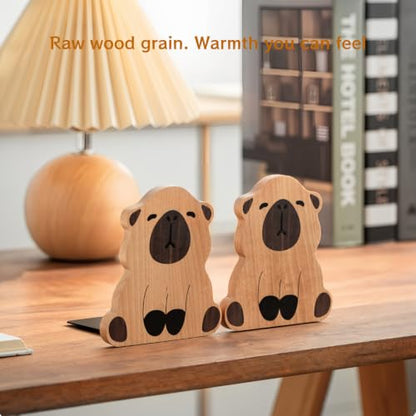 2-Pack Capybara Beech Bookends, 4.9x4.4in | Solid Wood, Natural Grain, Non-Slip Base, Ready to Use, for Shelves/Desk/Kids Room - color: Capybara