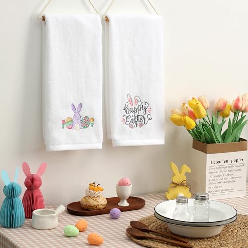Easter Hand Towels 100% Cotton Embroidered Happy Easter Bunny Decorative Bathroom Kitchen Dish Towels Set Gift Set of 2 14x29 inch - color: Est.gnome