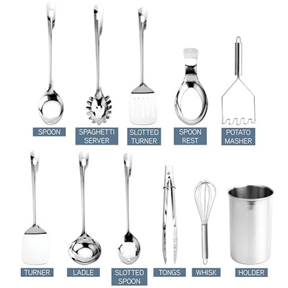COOK WITH COLOR Kitchen Utensil Set - premium Nonstick & Heat Resistant Kitchen Gadgets, Turner, Spaghetti Server, Serving Spoons, Whisk, Tongs, Masher & Utensil Holder, 10-piece Stainless Steel - color: Stainless Steel