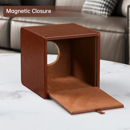 Square Tissue Box Cover with Magnetic Closure, Brown | Luxury PU Leather Tissue Holder with Gold Tone Metal Opening, Fits All Standard Cube Tissue Boxes - color: Brown