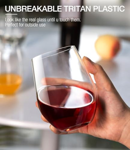 Plastic Stemless Wine Glasses Set of 6, Reusable BPA-Free Tritan Plastic Wine Cups, Unbreakable Wine Glasses for Outdoor Use, Poolside, Party, Camping, 16-Ounce, Lightweight