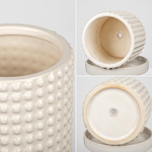 Set of 2 Ceramic Planter Pots with Drainage Hole and Saucer, Round Flower Pot Hobnail Modern Planter Pots for Indoor & Outdoor Plants - 4 Inch & 6 Inch, White - color: Off-white # 4+6 Inch
