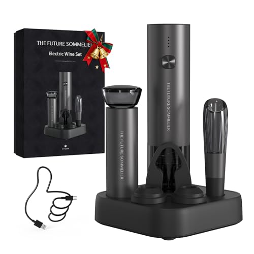 CIRCLE JOY Rechargeable Electric Wine Opener Set 7-in-1 Aluminum Alloy Wine Gift Set with Electric Corkscrew, Foil Cutter, Wine Pourer, Storage Base, Vacuum Pump and 2 Wine Stoppers - color: Gunmetal Grey