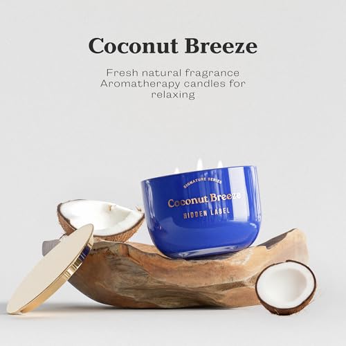 Hidden Label Coconut Breeze Candle, 18oz 3-Wick Soy Wax | 75+ Hour Burn | Tropical Shore Blend | Non Toxic Plant Wax | Triple Flame Even Melt | Housewarming Ready - color: Coconut Breeze