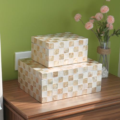 12"x8" Capiz Shell Decorative Boxes with Lids, Ivory, Set 2 | Lidded Storage Keepsake Boxes For Photos, Letters & Jewelry, Decorative Beige Keepsake Trunk, Trinket Boxes For Home Decor - color: Ivory
