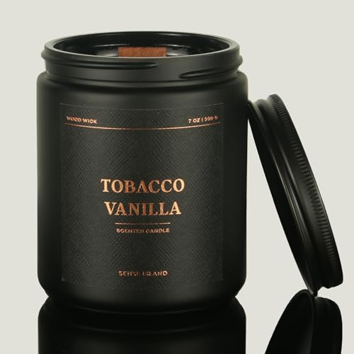 Tobacco Vanilla Crackling Wood Wick Candle for Men, Strong Masculine Scent, 100% Soy, 50-Hour Burn, Luxury Black Jar with Gold Text Scented Candle with Crackle Wooden Wick for Home, Office, Gifts