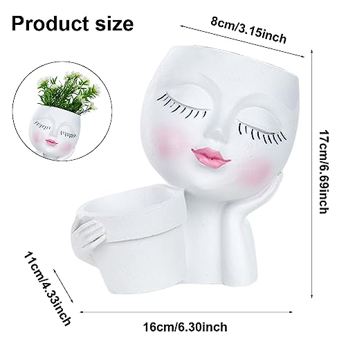 Face Planter Pot, Lady Head Planter with Drainage Holes, White | Dual-compartment lady head planter with drainage holes for succulents, cactus, and air plants - color: White