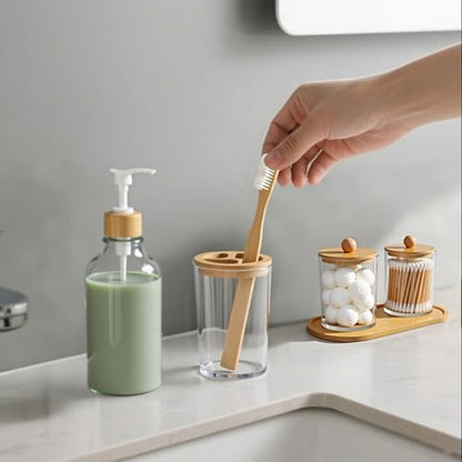 5 Pack Bamboo Bathroom Accessories Set with Tray - Plastic Soap Dispenser Clear Toothbrush Holder and 2 Qtip Holder Cotton Ball Container Jar