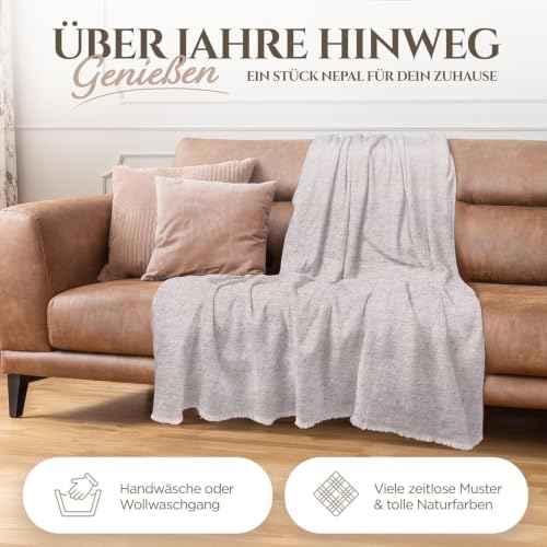 Cashmere Blanket – Hand Woven 100% Pure Wool Throw Blanket, 135 x 270 cm – Plain Cozy, and Soft Blanket for Bed, Sofa, or Couch - Made in Nepal - color: Light Grey