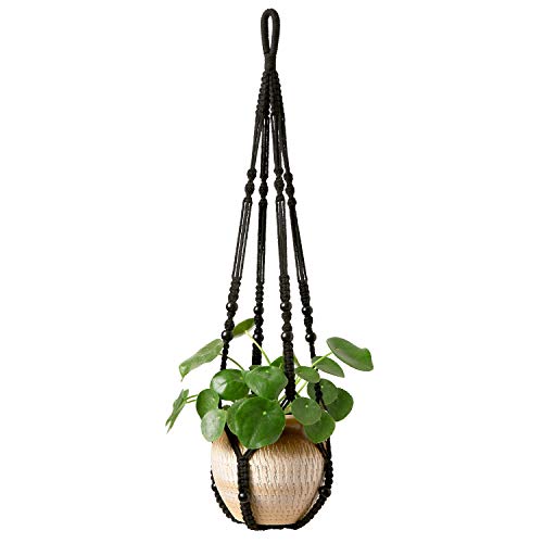 Mkono Macrame Plant Hanger Indoor 35 Inch Hanging Planter Basket Black 1Pc | Hanging Plant Holder with Decorative Wood Beads, No Tassels, Boho Home Decor, Indoor & Outdoor Use, Flower Pots Not Included - color: Black