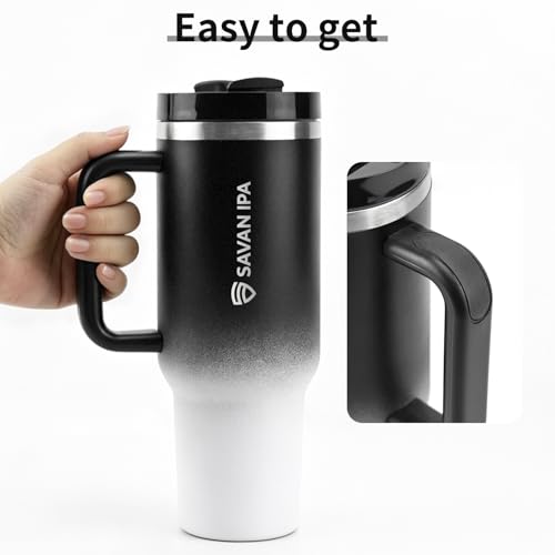 Insulated Tumbler, Black and White, 40 oz | Stainless Steel Vacuum, Handle and Straw, Leak Resistant Lid, Fits Car Cup Holder - color: GRADIENT BLACK, size: 40 oz
