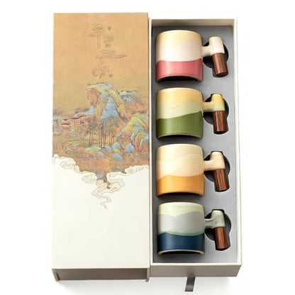 2.4oz Ceramic Espresso Cups Set of 4, Small Coffee Cups with Wooden Handle, Gradient Color Demitasse Cups, Ceramic Tea Cups Gift Box Packaging - color: Straight Handle