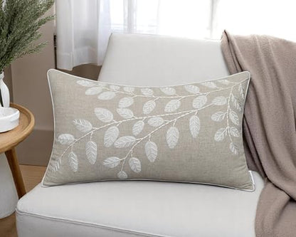 Rudransha Hand Embroidered Linen Lumbar Pillow Cover - 12x20 Natural Botanical Leaf Accent - Hazel Leaves - color: Natural-hazel, size: 20" x 12" (Pack of 1)