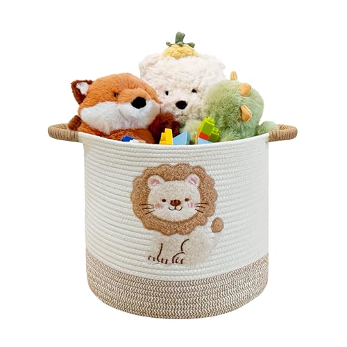 Toy Storage Basket(12"x12"), blanket basket, Cotton Rope Woven Laundry Hamper with Cute Embroidered Dinosaur for Nursery, Living Room, Laundry (Lion) - color: Lion, size: Medium