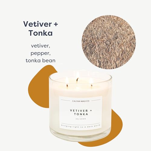 Vetiver & Tonka 3 Wick Scented Candle - 43 Hour Burn | Made in the USA Luxury Clean Soy Wax Candles - Long Lasting Large Glass Jar Candle for Home - 3 Wicks - 14.9oz - color: Vetiver + Tonka
