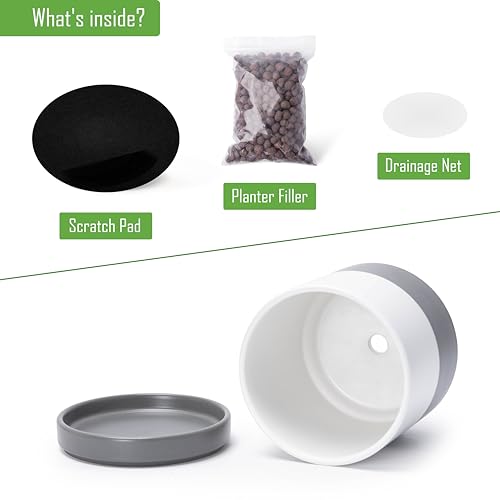 D'vine Dev 2-Pack Ceramic Pots with Saucers, White/Grey, 4/6 in, 94-G-S-6 | Glazed Ceramic, Drainage Hole, Perfect-Fit Saucer, Sleek Cylinder Shape, High Temperature Fired, Elegant Home Accent - color: White/Speckled Grey, size: Small