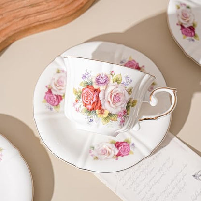 Ceramic Floral Cups with Saucers，7 oz Espresso Cups for Latte Coffee Cafe, Cappuccino and Tea(1, Rose) - color: Rose
