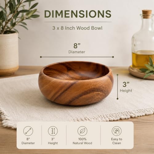 Handcrafted Hawaiian Wood Serving Bowl – Organic Acacia Natural Wooden Salad, Soup, Decor, Fruit & Candy Bowl (Medium 3x8 inch) - size: Medium
