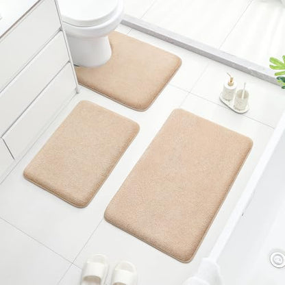 HOMEIDEAS Upgraded Bathroom Rugs Set 3 Piece, Ultra Soft Memory Foam Bath Mats, Super Absorbent Non Slip Washable U-Shaped Toilet Bath Rug (Beige, 17"x24"+20"x32"+U-Shaped 20"x24") - color: Beige