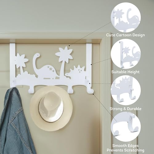 Lily's Home Dino Design Over the Door Hooks - White Behind Door Hanger with 5 Hooks for Clothes & Towels - Easy Install Coat Rack Load 11 Lb. - 14.96" Wide - Ideal for Kids' Rooms & Bathrooms