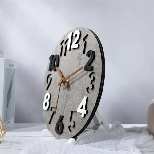12-inch Silent Wall Clock, Concrete Gray | 3D Raised Numerals, Wooden Dial, Model: M-8846 - color: Concrete Gray