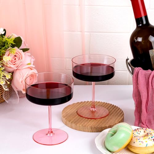 Ciaell 12 Pack 10 oz Pink Plastic Martini Glasses for Bar | Heavy Duty Plastic, Stemmed Coupe Shape, Cocktail Margarita Whiskey and Wine Service, Weddings and Parties - color: Basic Pink