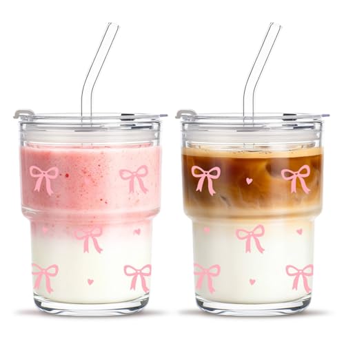 INSETLAN 13 oz Bow Decal Glass Tumblers Set of 2, Thick Wall Glass Cups with Lid and Glass Straw, On-the-Go Coffee Cups for Iced Coffee, Tea, Milk, Hot & Cold Drinks, Travel & Daily Use - color: 13 oz - 2 Pcs - With Bow Decal