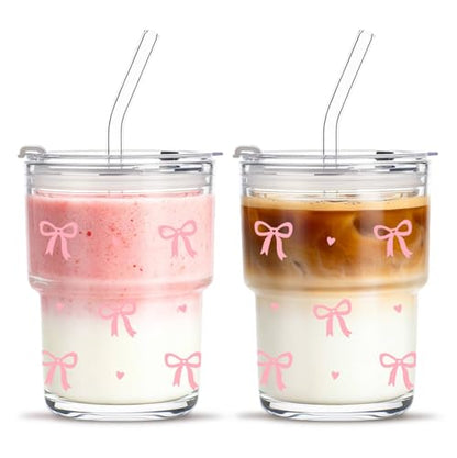 INSETLAN 13 oz Bow Decal Glass Tumblers Set of 2, Thick Wall Glass Cups with Lid and Glass Straw, On-the-Go Coffee Cups for Iced Coffee, Tea, Milk, Hot & Cold Drinks, Travel & Daily Use - color: 13 oz - 2 Pcs - With Bow Decal