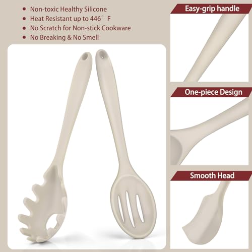 P&P CHEF Khaki Kitchen Utensils, Silicone Cooking Utensil Set of 7 | Soft Spatula for Nonstick Cookware, Slotted Turner, Soup Ladle, Pasta Server, Spoon for Cooking, Dishwasher Safe & Heat Proof - color: Khaki